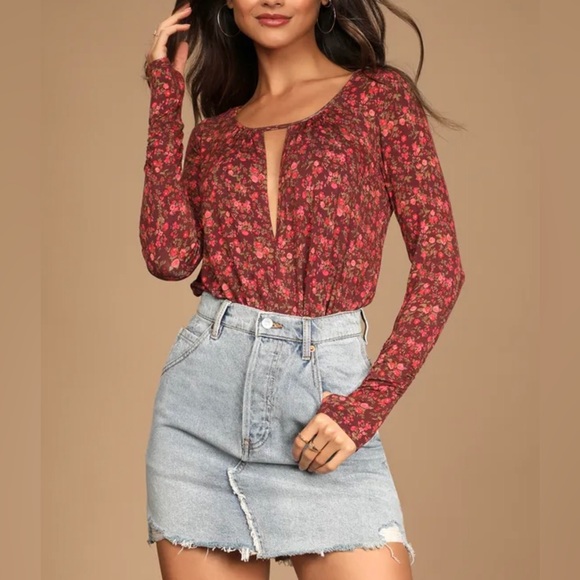 FREE PEOPLE  Kaya Brown Floral Print Long Sleeve Bodysuit - Picture 2 of 10